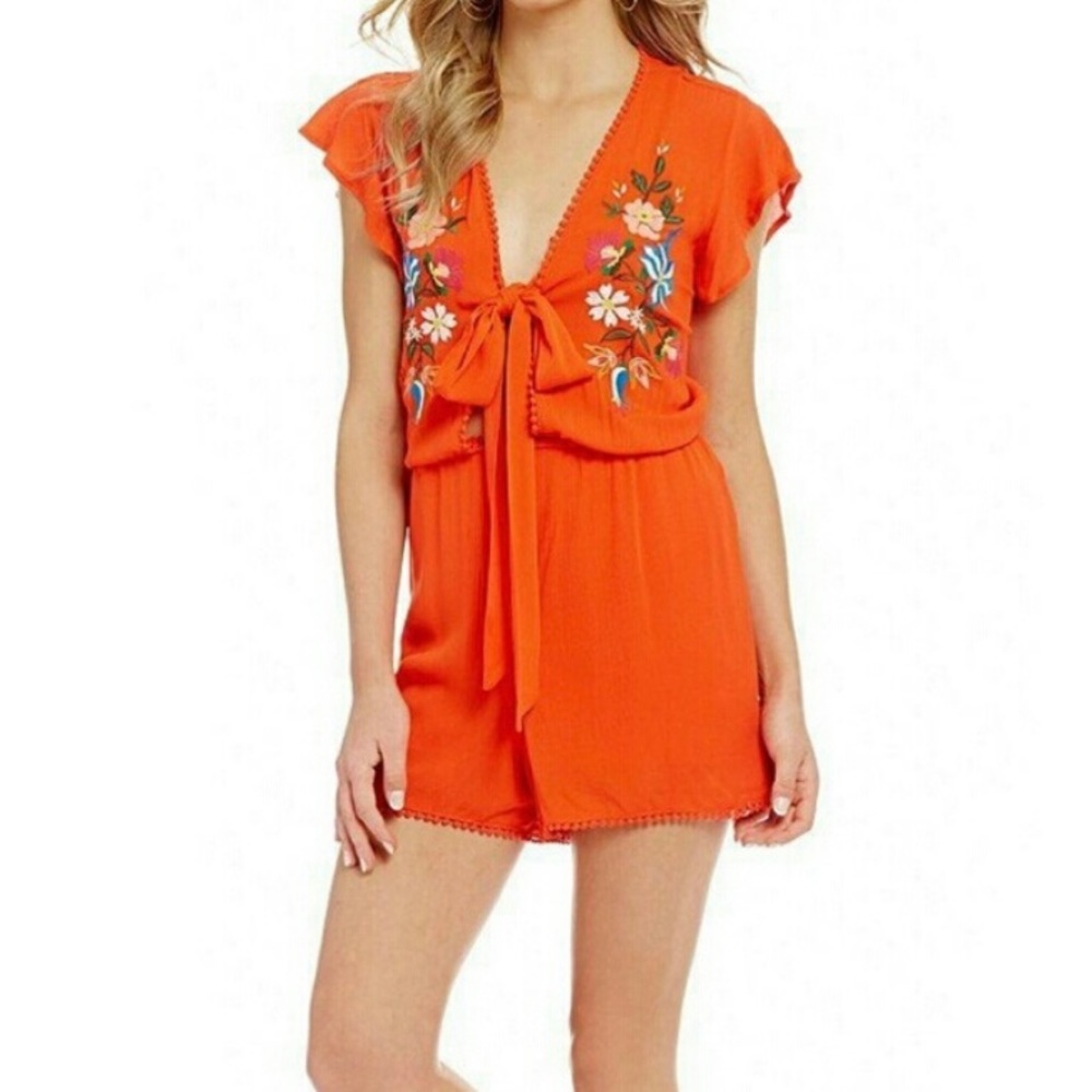 Gianni bini orange floral embroidered short romper